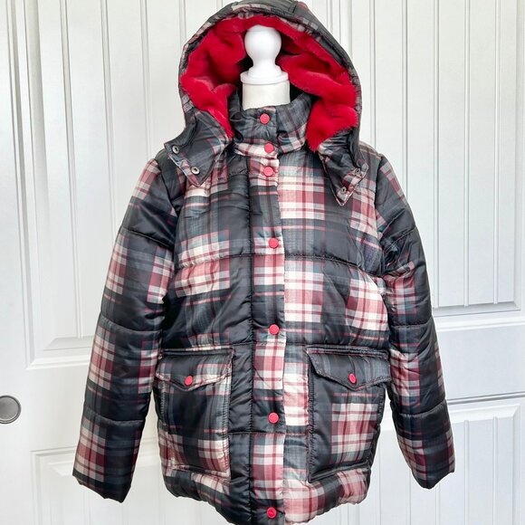 Urban Republic Women's Black & Red Plaid Faux Fur-Lined Hooded Puffer Jacket- Lg - Picture 3 of 12